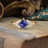 4 Prong Dainty Princess Cut Tanzanite Enagement Ring Vintage Side Stone Ring